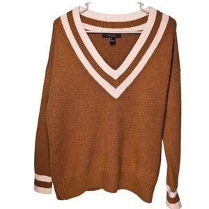 Forever 21 Womens Golden Brown VNeck Knit Sweater Small Preppy Varsity Style‎